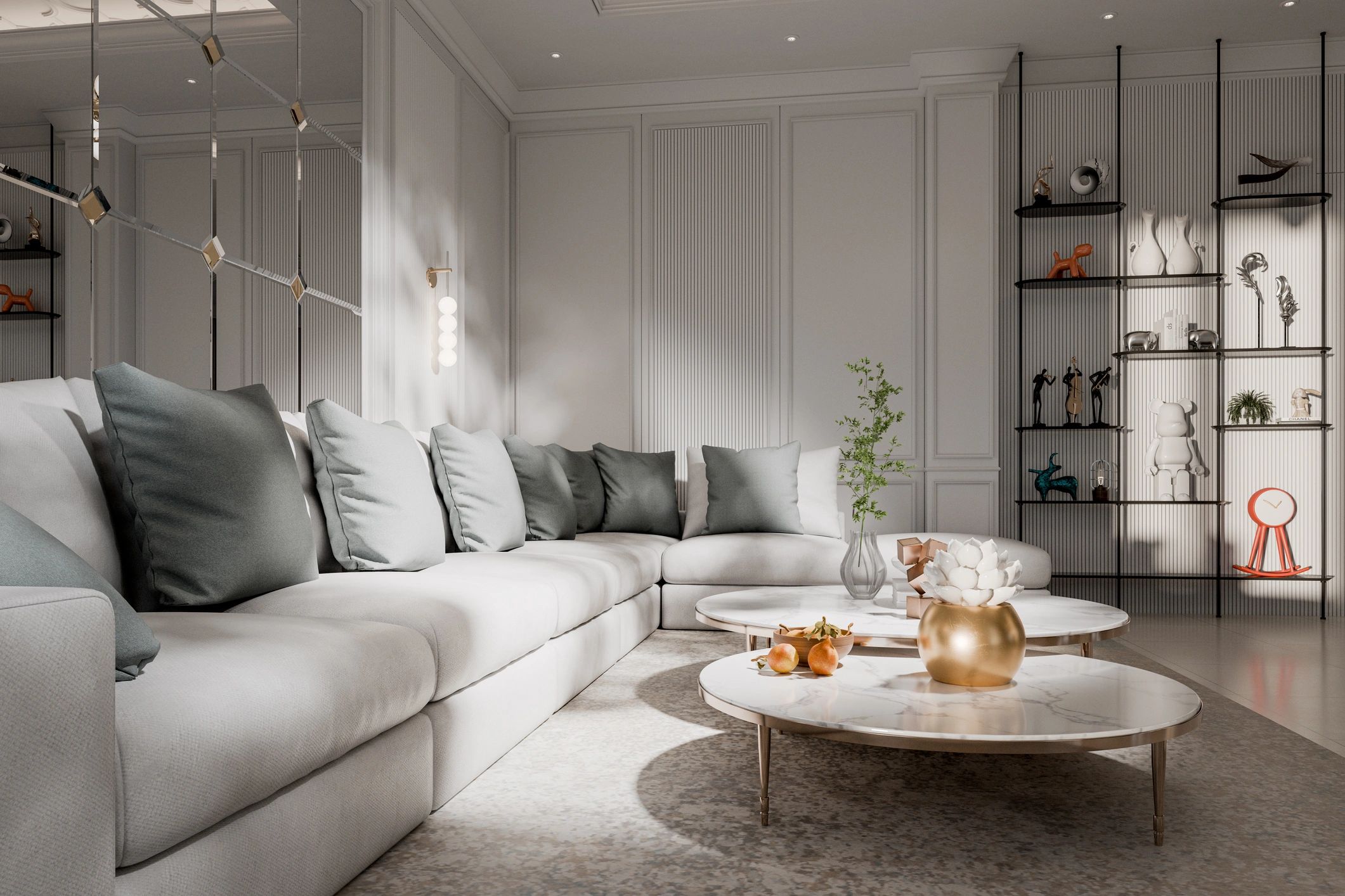 Modern reception-style interior with clean lines and warm neutral tones